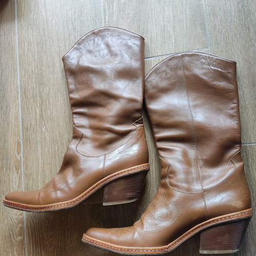 Kalogiou vintage leather cowboy western boots tan brown used size 38