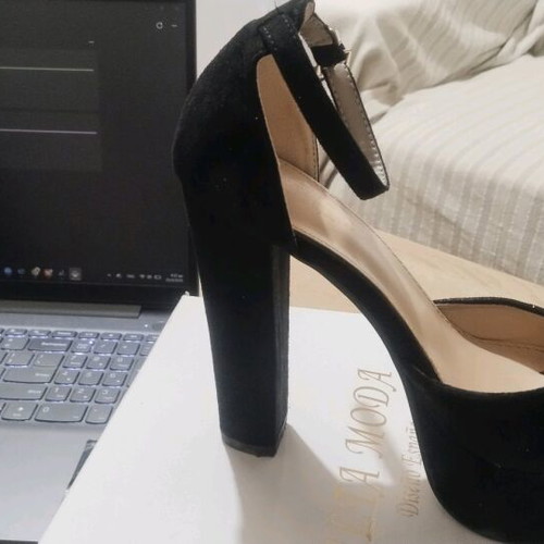 High heel pump new with strap, 12cm, black suede, size 37
