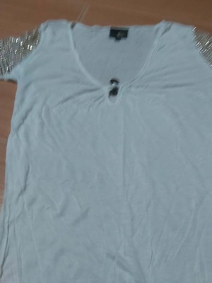 Roberto Cavalli vintage white T-shirt with sequined sleeves and glam neckline, like new
