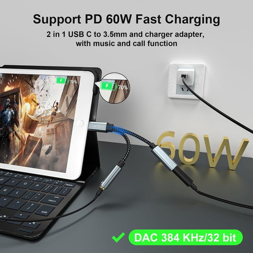 DAC USB C to 3.5mm Aux Adapter with 60W Fast Charging