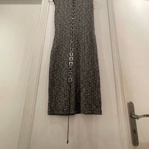 Anel dress gray melange sleeveless rib knit with metal belt new