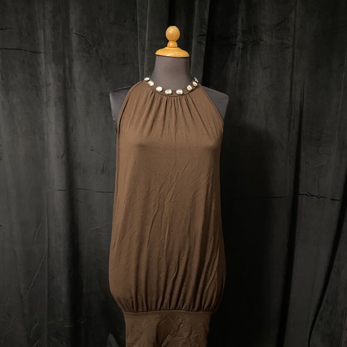 Mini dress with open back and stones on neckline, brown, size M, like new
