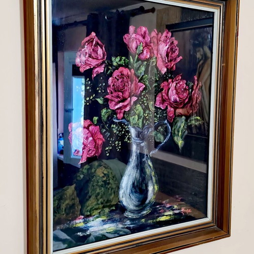 Oil painting 'Bouquet of Roses' in solid frame with glass