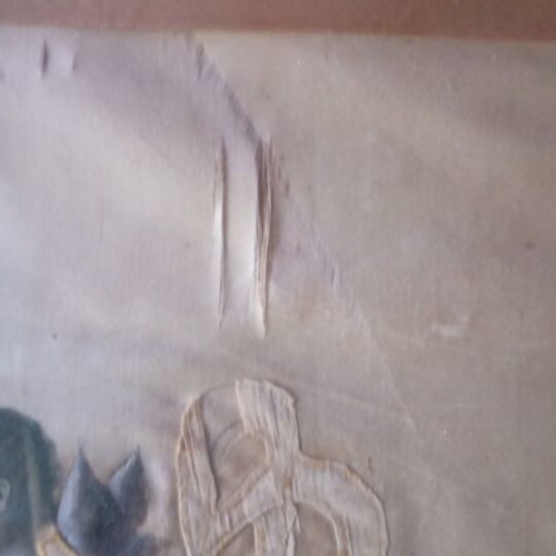 Embroidery with angels and flowers on silk or satin, used
