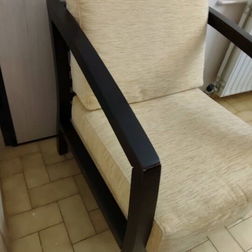 Wedge armchair used, oak with yellow fabric upholstery