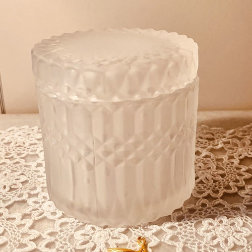 Frosted glass jar with diamond pattern and scalloped rim