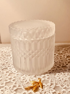 Frosted glass jar with diamond pattern and scalloped rim