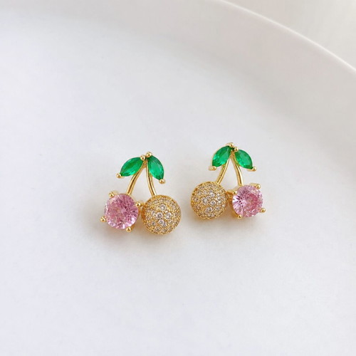 Cherry earrings with pink stone gold tone new