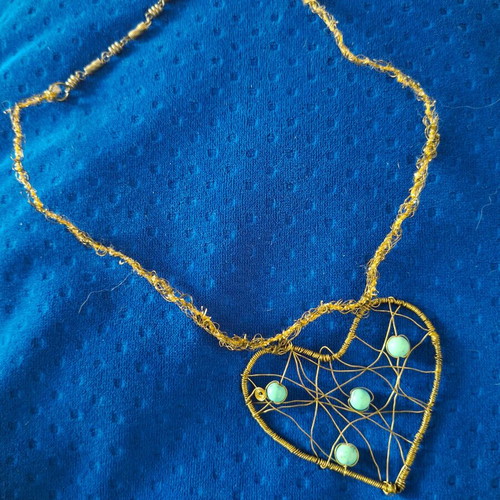 Brass necklace with heart pendant and turquoise beads, handmade