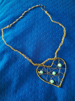 Brass necklace with heart pendant and turquoise beads, handmade