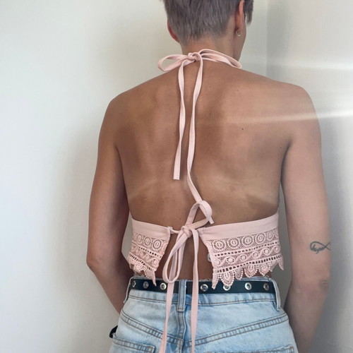 Boho Pink Lace Crop Top Halter Neck Backless Like New