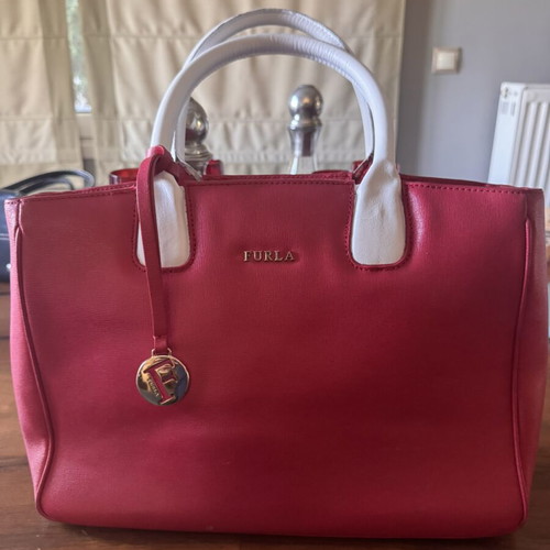 Furla leather handbag, fuchsia with white handles