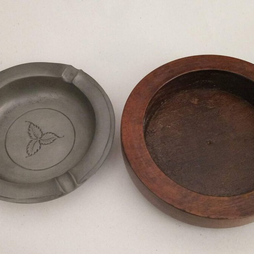 Handmade ashtray from pewter and wood new