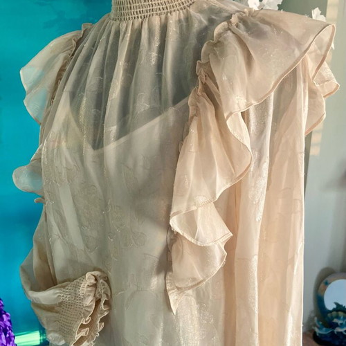 Iridescent floral semi-transparent blouse beige new, size M