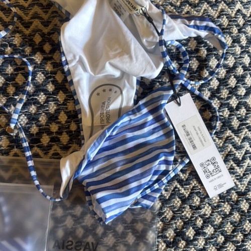 Vassia Kostara bikini new, large bottom XL top, white and blue