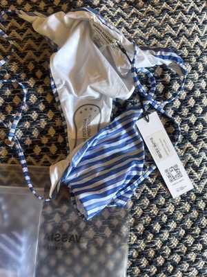 Vassia Kostara bikini new, large bottom XL top, white and blue