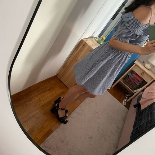 Fullah Sugah dress with small check, white/blue, short sleeve off-shoulder, like new