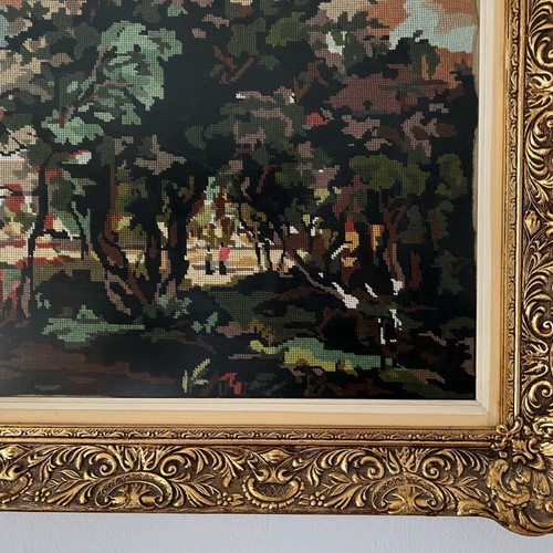 Antique painting handmade embroidery rural landscape like new