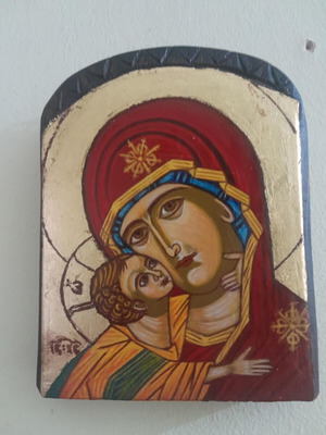 Handmade icon of Panagia with gold leaf, like new