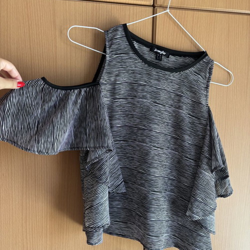 Jennyfer cold shoulder blouse with ruffles, black and white stripes