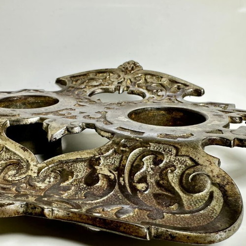 Antique double iron desk inkwell with baroque decoration