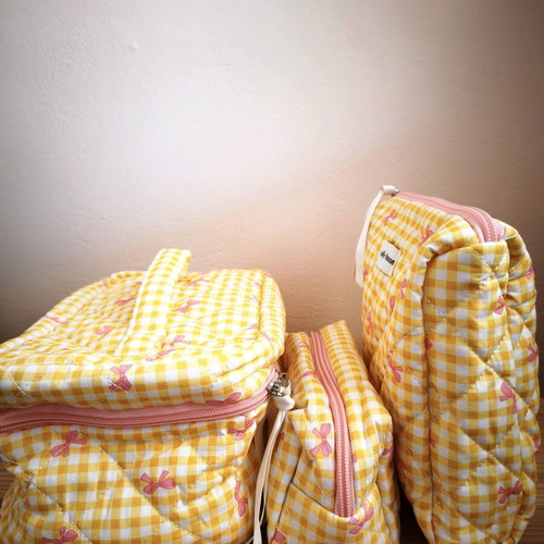 Set of 3 Quilted Makeup Bags Yellow Plaid with Pink Bows