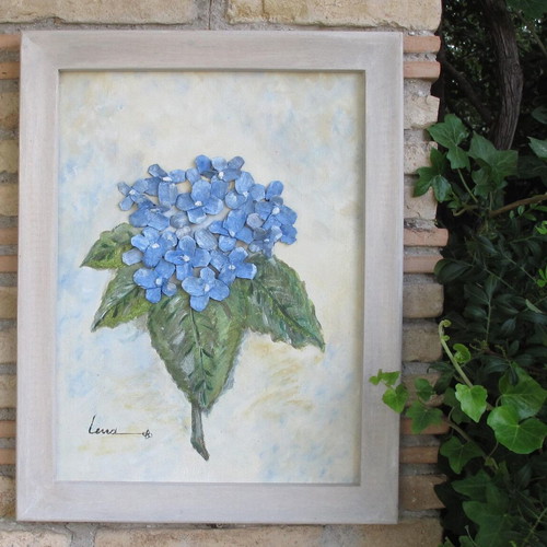 3D Artwork Blue Hortensia Painting on Canvas with Pinecone Flowers New