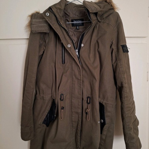 Bershka women's long jacket with detachable fur hood khaki, like new