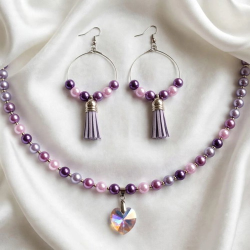 Purple beaded necklace and earrings set