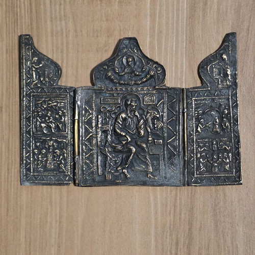 Orthodox cast bronze triptych icon, folk art