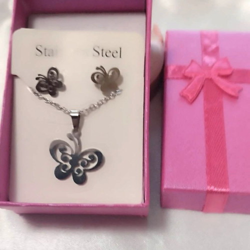 Minimal butterfly necklace and earrings set in stainless steel new silver