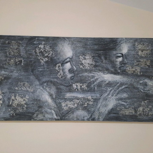 Large canvas with acrylic paint like new, gray tones, textured finish