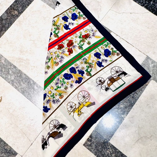 Mantero vintage silk scarf with antique carriages and colorful floral motifs