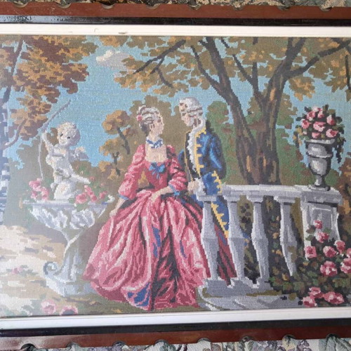 Vintage embroidered framed artwork 1980s romantic garden scene