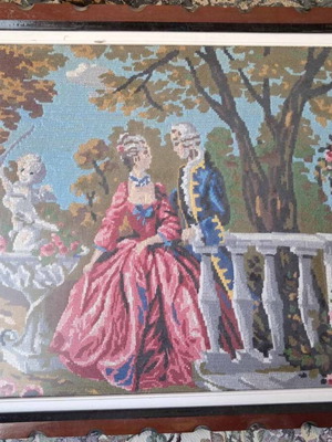 Vintage embroidered framed artwork 1980s romantic garden scene