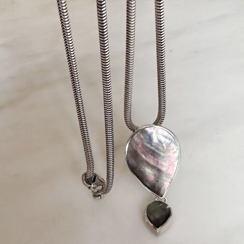 Vintage 925 Silver Pendant with Black Mother of Pearl Double Teardrop and Chain
