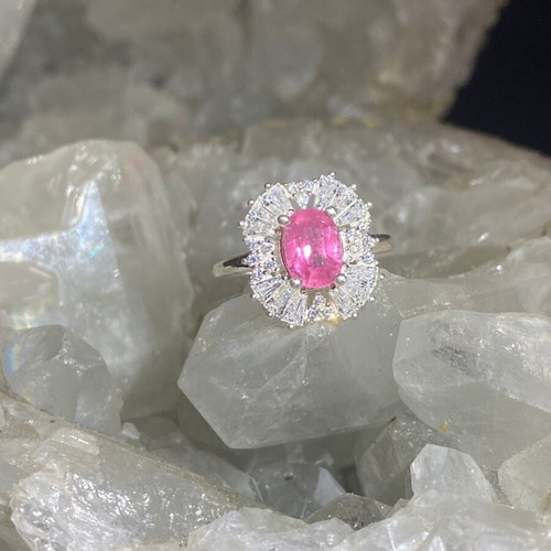 Silver ring with natural pink tourmaline and moissanites, new