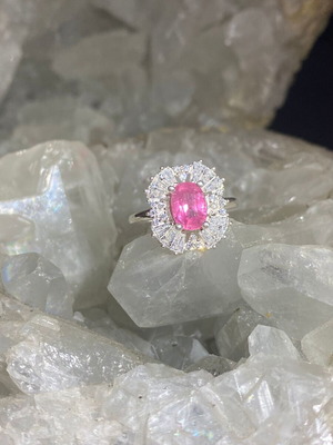 Silver ring with natural pink tourmaline and moissanites, new