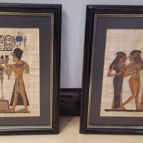 Egyptian papyrus used, set of 2, in wooden black frame