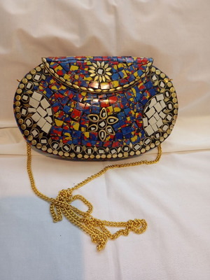 Handmade metal mosaic clutch with gold chain, like new