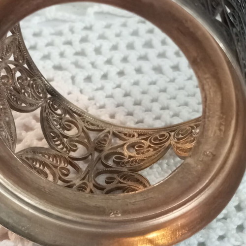 Silver filigree peacock set used, Russian antique, 3 pieces