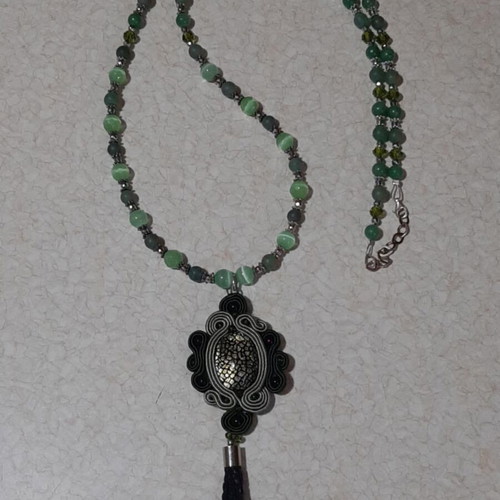 Necklace with cat's eye and aventurine in 925 silver, very long, new