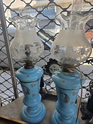 Antique Oil Lamps French Blue Opaline Handpainted Floral Designs like new