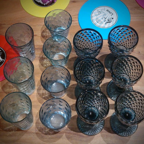 Summer set of 13 blue embossed vintage glassware, like new