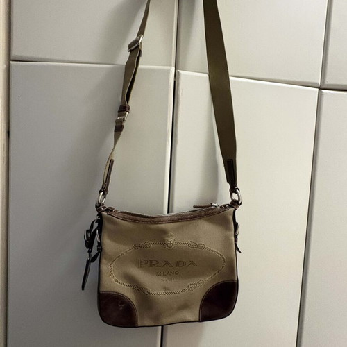Prada Milano jacquard canvas crossbody bag like new, beige silver
