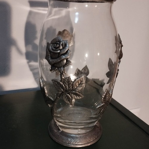 Vintage decorative vase with embossed roses tin/alpaca, 24cm