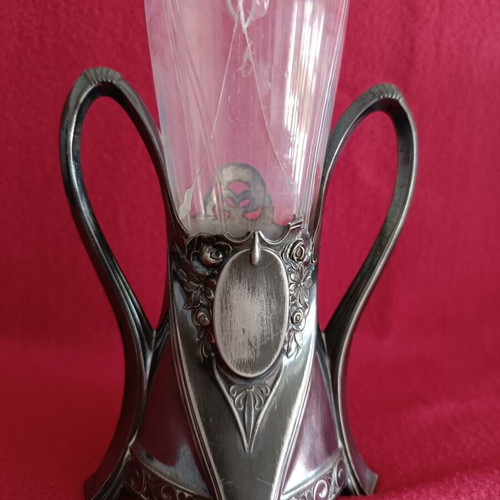 Art Nouveau vase used metal and glass with engraving