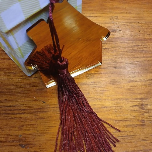 House-shaped plexiglass mirror charm new with burgundy tassel