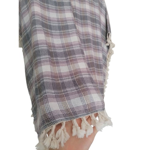 Cherry Paris poncho with checkered pattern and white tassels like new