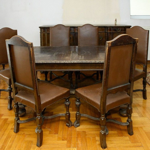 Tudor Jacobean dining set used, table and 6 chairs, antique